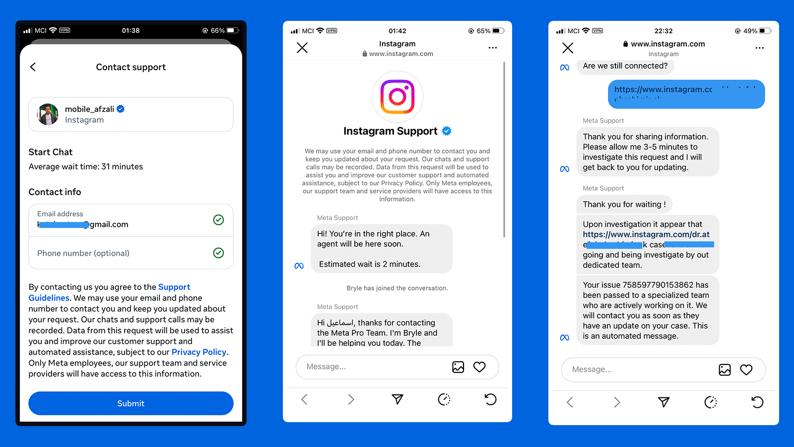 امکان چت با ساپورت اینستاگرام با پیج تیک آبی